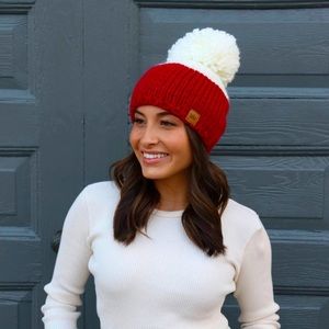 Panache Red & Cream Colorblock Hat w/Pom Detail